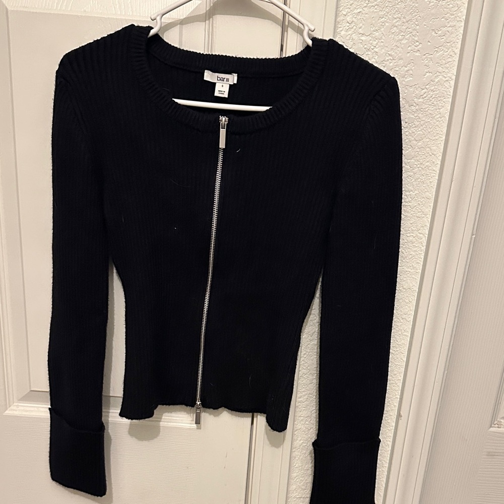 Bar III Black Ribbed Zip-Front Knit Top